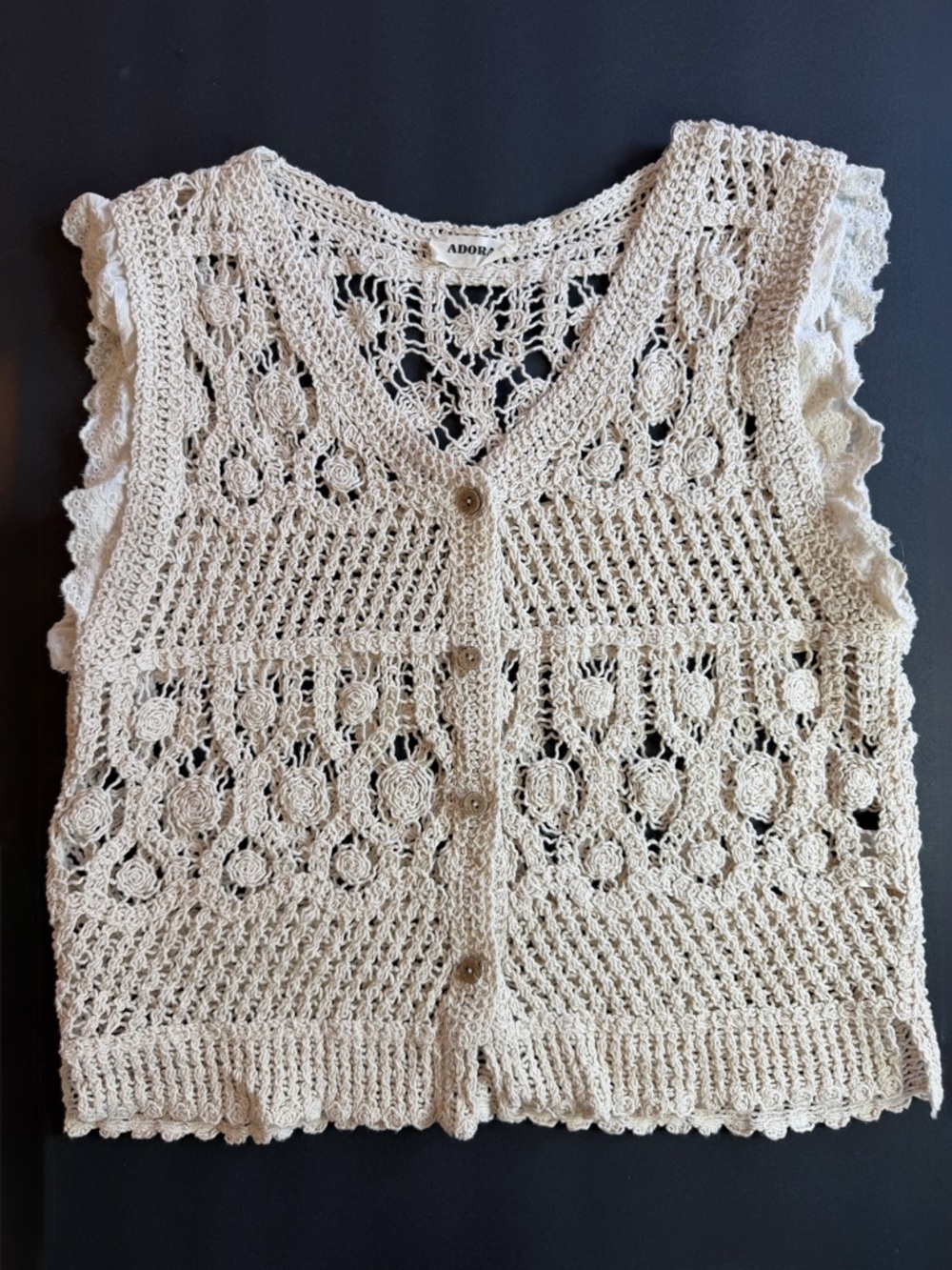 Adora Crochet Eyelet Ruffle Vest Cream Medium (OS) Cottagecore, Festival, Fairy